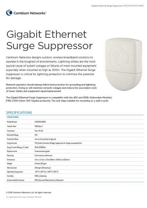 Cover of Cambium Networks Gigabit Ethernet Surge Suppressor Specification Sheet