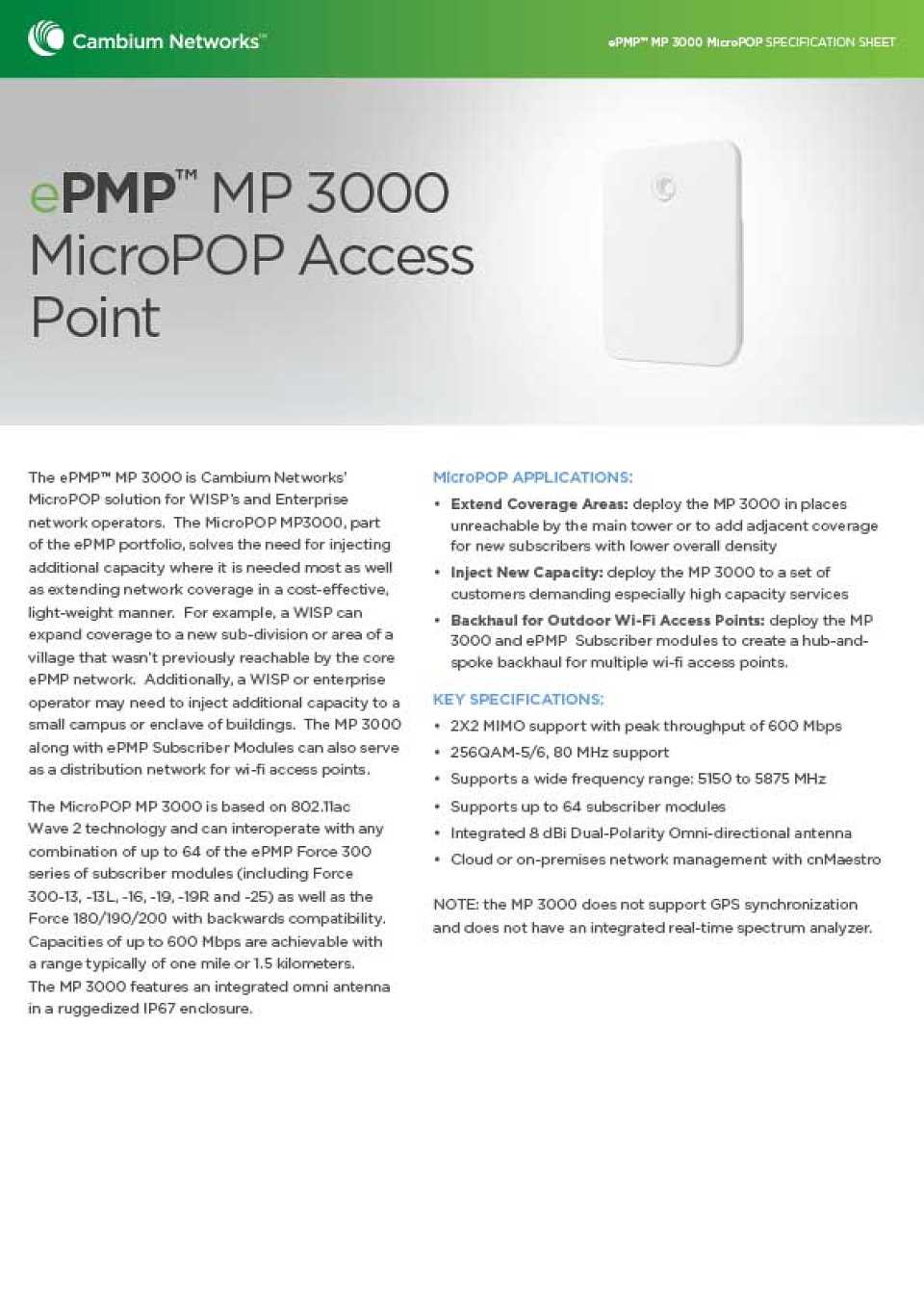 MP300 MicroPOP Access Point Catalogue Cover