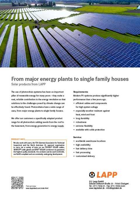 Cover of LAPP Major Energy Plants to Single Family Houses Solar Products from LAPP