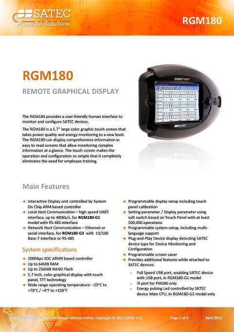 Cover of Satec RGM180 Remote Graphical Display